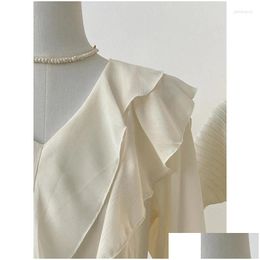 Basic Casual Dresses 2024 Womens Dress French Style Elegant Temperament Chiffon A-Line Ruffles V-Neck Mid-Length Princess Petal Sleeve Dhznb