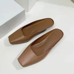 Slippers 2024 Designer Brand Women's Shoes Genuine Leather Headed Retro Square Head Cool Summer Comfortable