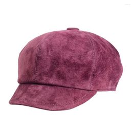 Berets Women's Ladies Real Suede Leather Genuine Fashion Cap Military Casual Sboy Beret Classical Caps/Hats