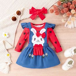 Clothing Sets Baby Girl Easter 3Pcs Outfit Heart Print Long Sleeve Romper With Embroidery Overall Dress And Bow Headband