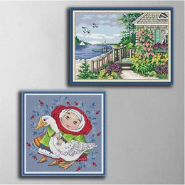 Mix 2 in 1 Girl with White Goose DIY cross stitch Embroidery Tools Needlework sets counted print on canvas DMC 14CT 11CT cloth