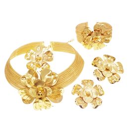 Brazil Gold Plated Design Women Necklace Jewellery Set Pure Copper High Quality Earrings Flower Bud Shape Banquet Wedding 240401