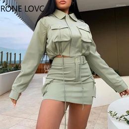 Work Dresses Women Solid Elegant Button And Pocket Long Sleeves Defined Waist Tape Bodycon Skirt Sets