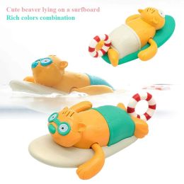 Pull String Baby Bath Toy Pull Go Sea Turtle Cute Surfing Swimming Beaver Windup Clockwork Bathtub No Battery Needed for Toddler