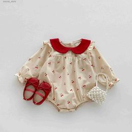 Rompers 7397 Baby Princess Romper Cherry Printed Longsleeve Cotton Jumpsuit Baby Clothes Infants Outfit L240402