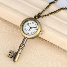 Pocket Watches Unique Design Key Shape Watch With Bronze Necklace Chain Quartz Movement Arabic Numeral Display Clock For Men Women