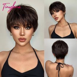 Short Pixie Cut Dark Brown Synthetic Wigs Natural Straight Layered Wig with Fluffy Bangs for Women Daily Heat Resistant Hair