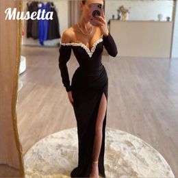 Party Dresses Musetta Modern Satin Pleat Prom Dress For Women Pearls V-Neck Strapless Evening Gowns Side Slit Floor-Length Vestidos De Noche