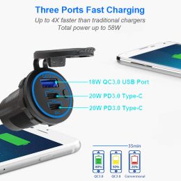12V USB Outlet 58W Dual PD USB-C Port Quick Charge 3.0 USB Charger Socket Waterproof Power Outlet with Power Switch for Car Boat