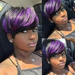 Wigs BeiSDWig Synthetic Highlight Purple Hair Short Wigs for Black/White Women Mixed Colourful Wig Black Hair