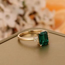 CxsJeremy Solid 14K Yellow Gold 6*8mm Lab Emerald Engagement Ring Three Stone Moissanite Wedding Band For Women Anniversary Gift