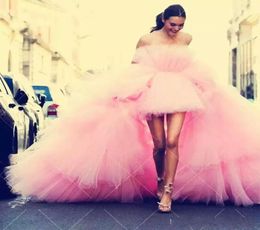 2020 New Design Sexy Pink Prom Dresses Strapless Full Tulle Tiered Ruffles Sexy Open Back High Low Length Evening Dress Wear Party6416457