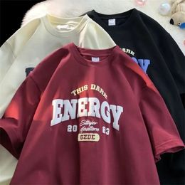 Pure cotton American retro t shirt heavyweight short sleeved men and women oversize loose summer trendy couple tops clothing 240320