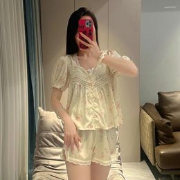 Home Clothing Summer Pajama Set Printed Satin Sleepwear Pijamas Suit Women Short Sleeve Shirt Shorts Lingerie Negligee Homewear