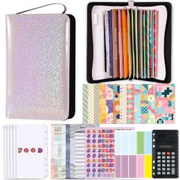 Folder A6 PU Leather Budget Binder Planner with Zipper Pockets Cash Envelopes Calculator, Bill Money Organizer for Saving System Wallet