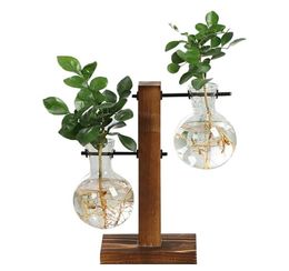 Terrarium Hydroponic Plant Vases Vintage Flower Pot Transparent Vase Wooden Frame Glass Table Plants Home Bonsai Decor2054825