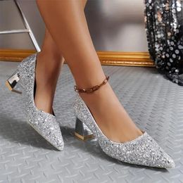 Dress Shoes Bling Sexy Women High Heels Chunky Pointed Toe Sandals Summer Fashion 2024 Casual Walking Pumps Femme Zapatillas