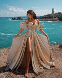 Sparkling Beach Bohemian Sexy Champagne Prom Dresses Sweetheart High Side Split Party Prom Dress Bohemian Boho Formal Party Gowns 2128891