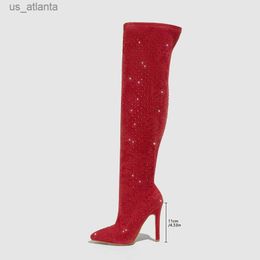 Dress Shoes Bling Rhinestones Faux Suede Elastic Women Thigh High Boots Fashion Autumn Winter heels Over the Knee long Shoe H240403BITA