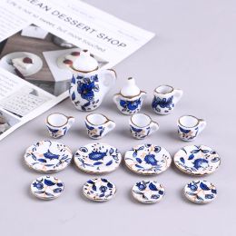 Miniature Tea Cup Set Miniature Te Game Doll House Blue And White Mini Tea Set Chintz Tableware Kitchen Dollhouse Furniture