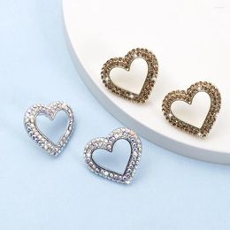 Stud Earrings Korean Fashion Vintage Hollowed Heart For Women Luxury Romance Zinc Alloy Inlaid Full Rhinestones Cute Girls Jewellery