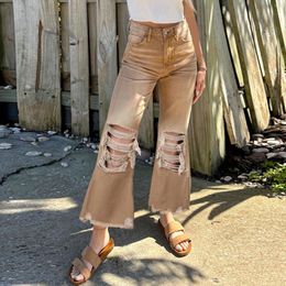 Women's Jeans Women High Waist Straight Leg Ripped Distressed Denim Pants Brown Street Hip Hop Tide Trousers All Match Calcas