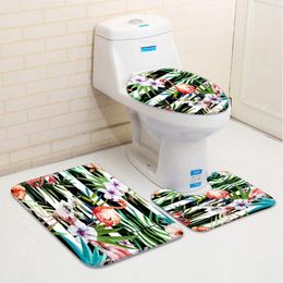 Bath Mats Set Of 3 Flamingos Bathroom Rugs Pink Flower Wild Animals Palm Leaves Low Pile Memory Foam Mat Toilet Cover U-Shaped Carpet