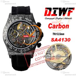 DIW Carbon SA4130 Automatic Chronograph Mens Watch DIWF Skeleton Yellow Gold Arabic Dial Black Nylon Strap Super Edition Same Serial Card Puretime Reloj PTRX