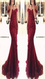 Vinho de vinhos Red Borgondy Dress Lace Mermaid Appliques OfTheShoulder Evening Dresses 2019 Vestido de Festa de Minchas Long Pro9571718