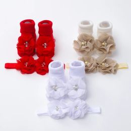 1Set Newborn Handmade Pearl Flower Headbands Mid Socks New Baby Soft Prewalker Sock Girl Infant Cute Knitted Hairband Socks