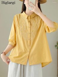 Women's Blouses Oversized Summer Floral Embroidery Shirts Tops Women Casual Modis Short Sleeve Ladies Cropped Loose Pleated Woman