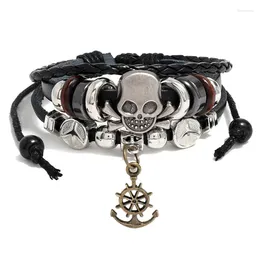 Bangle Vintage Handmade Weave Bracelet Alloy Cross Skull Tree Leaf Punk Leather Bracelets Goth Fashion For Men Jewellery Gift