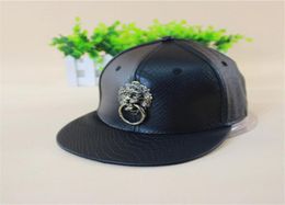 Whole 2016Leather PU Black gold metal lion hiphop snapback cap hats fashion cool casul flat brim fu hats6458239