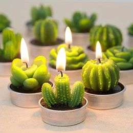 12pcs Tea Valentine's Day Decoration, Handmade Exquisite Amber Cactus Candle, Suitable for Party, Wedding, Spa, Home Decoration Gifts