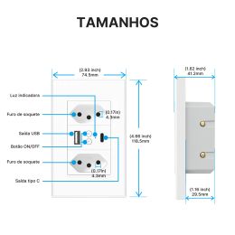 Smart WiFi Wall Outlet Brazilian Standard Electrical Plug Type-C USB Charger 10A and Independent Separate Control Remote Control