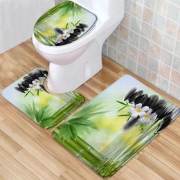 Bath Mats Set Of 3 Zen Bathroom Rugs White Flowers Green Bamboo Stone Scenery Low Pile Memory Foam Mat Toilet Cover U-Shaped Carpet