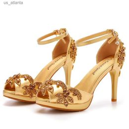 Dress Shoes New Sexy Pumps Sandal Women Wedding Rhinestone Buckle Strap PU 10CM Thin Heels Korean Style Party White H240403R2AE