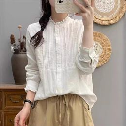 Women's Blouses Women Cotton Yarn Shirts White Blue Blouse Long Sleeve Patchwork Office Lady Tops Fold Female Clothes