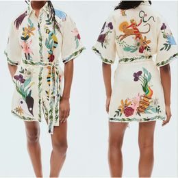 Women Mini White Floral Printed Dresses Bohemia Style High Quality New Summer Waist String Shirt Dresses Ladies Fashion Designer FZ2404035