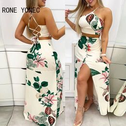 Women Casual Sleeveless Crop Tops Floral Print Halter Lace Up cris cross button high silt Skirt Maxi Vacation Sets 240319