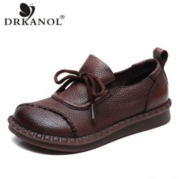 Loafers DRKANOL Fashion Women Loafers 2024 Spring Genuine Leather Slip On Flat Shoes Ladies Comfort Soft Handmade Retro Casual Loafers