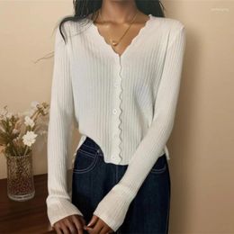 Women's Knits HELIAR Women V-Neck Single-breasted Knitwear Ruffles Long Sleeve Thin Sweater Office Sweet Top 2024 Spring
