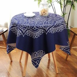 Table Cloth Round National Style Tablecloth Blue Waterproof Cotton Linen Dining Cover Restaurant Kitchen High Quality