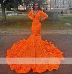 Luxury Orange Mermaid Prom Dresses 2022 For Black Girls Long Sleeves Bling Sequins Birthday Party Gown Evening Dress Robe De Bal3618186