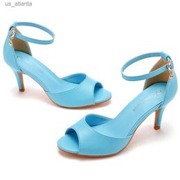 Dress Shoes Women Sandals Fashion Sandalias Rhinestone PU 7CM Thin Heels Buckle Strap Peep Toe Womens Casual Sky Blue Korean Style H2404030EXF