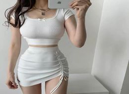 High Waist Short ShortSleeved Top Women039s Cute Sexy Square Neck LowCut TShirt Tight Stretch Cotton Crop Top Summer White 22505991