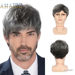 Wigs Short Mixed Gray Synthetic Hair Wigs Natural Pixie Cut Toupee Straight Wave Heat Resistant Fiber For Male Men Cosplay Daily Wigs