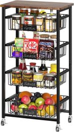 Kitchen Storage Cart On Wheels 5-layer Metal Utility Rolling Wooden Top And Pull Out Basket