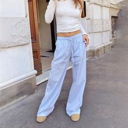 Women's Pants 2000s Women Aesthetic Clothes Striped Drawstring Low Waist Straight Leg Long Trousers With Pockets Y2k Clothing Streetwear