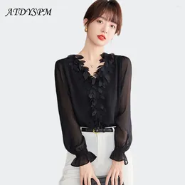 Women's Blouses Sexy Flowers Stitching V-Neck Women Chiffon Shirts 2024 Spring Summer Black Casual Ladies Streetwear Elegant Tops